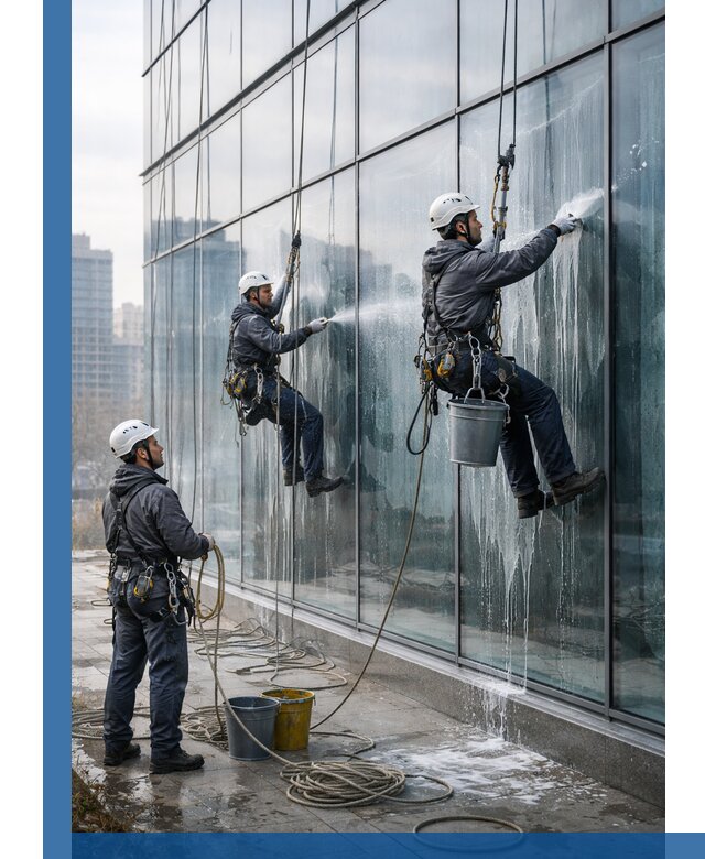 Промышленная мойка панорамных окон на высоте в Мариинске