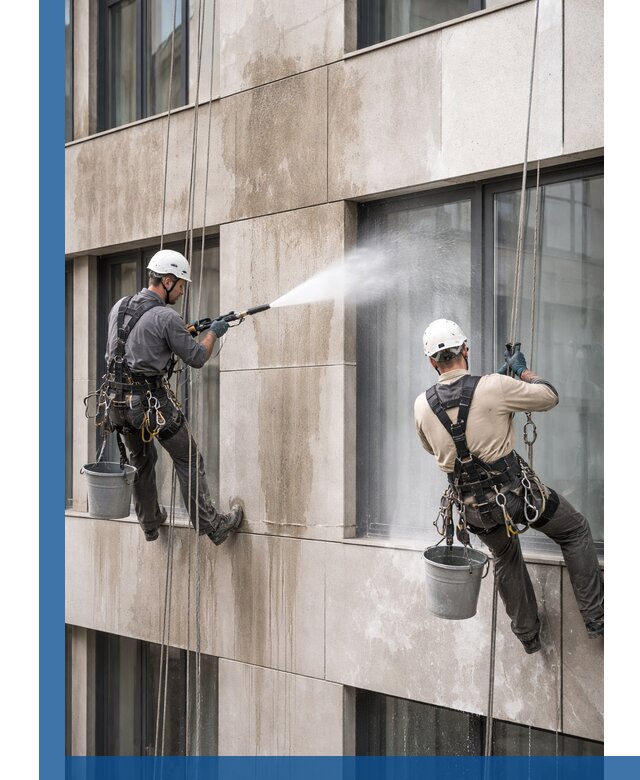 Послестроительная мойка фасада промышленным альпинизмом в Мариинске