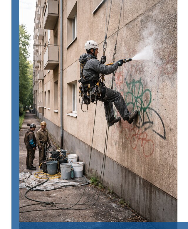 Удаление граффити с фасада в Мариинске без следов и повреждений