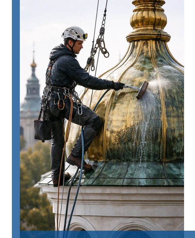 Профессиональная мойка куполов и шпилей высотными альпинистами в Мариинске