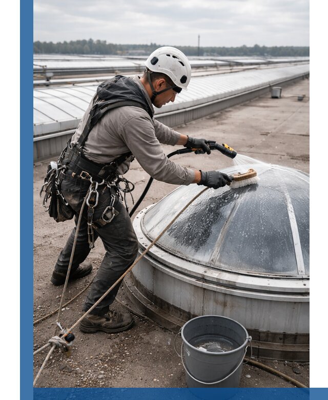 Мойка зенитных фонарей на кровле для промышленных объектов в Мариинске