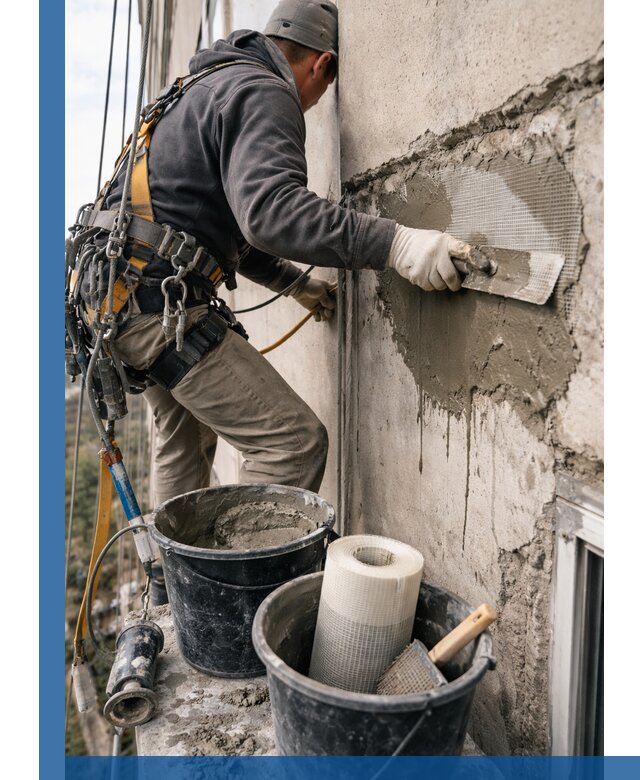 Ремонт бетонных элементов фасада промышленными альпинистами в Мариинске