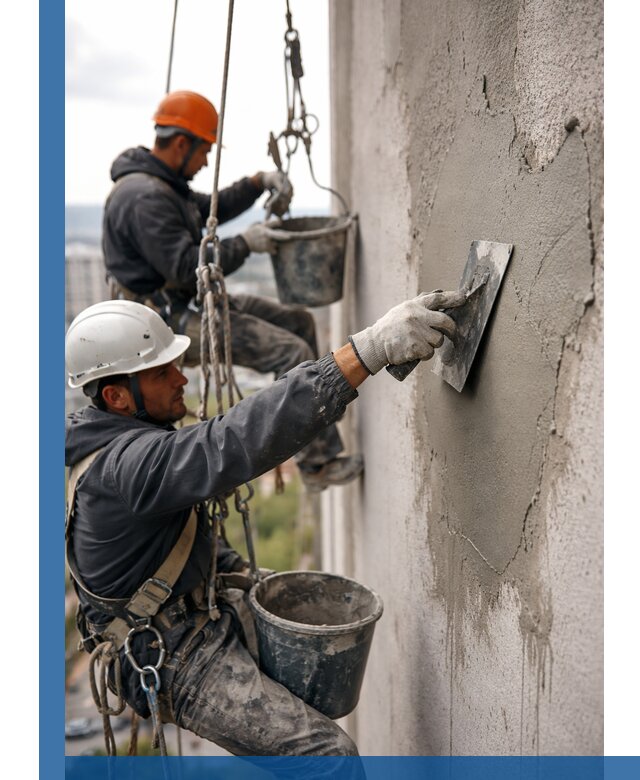 Штукатурка фасада на высоте в Мариинске профессиональные работы