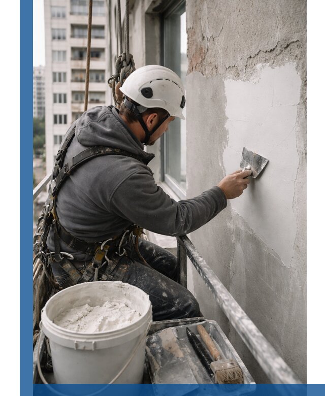 Шпаклевка фасадов на высоте с промальпинистами в Мариинске