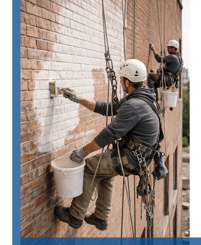 Покраска кирпичного фасада с доступным альпинистским сервисом в Мариинске