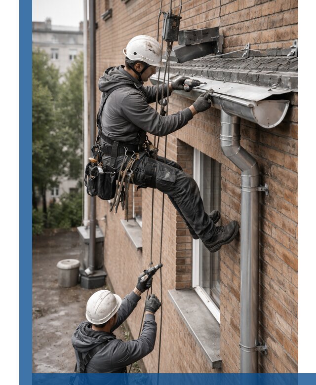 Монтаж водосточной системы на здании в Мариинске под ключ