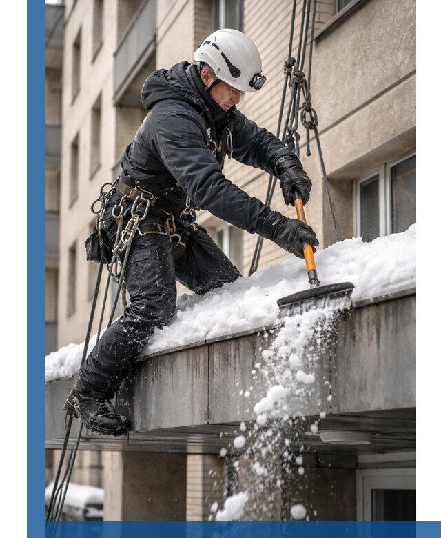 Очистка козырьков от снега в Мариинске круглогодично безопасно