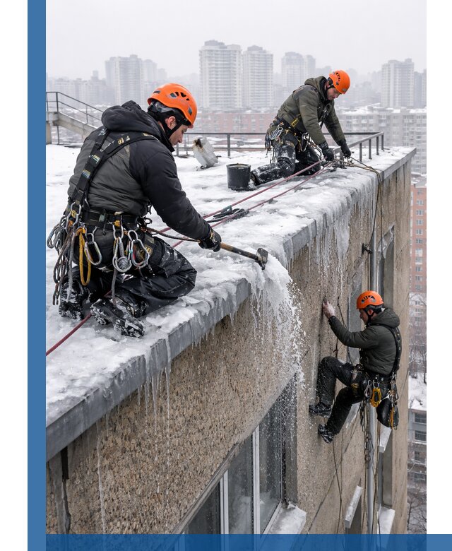 Удаление наледи с кровли в Мариинске промышленными альпинистами
