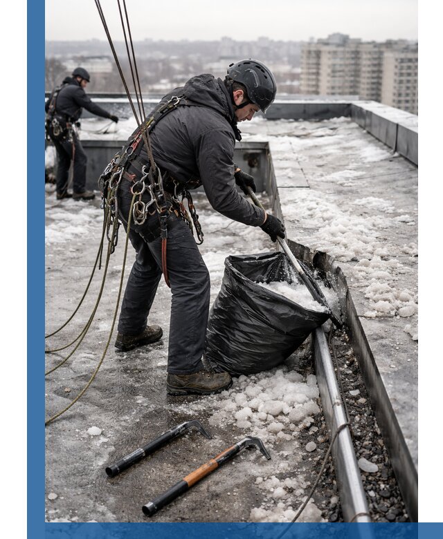 Аварийная очистка кровли в Мариинске от промальпинистов