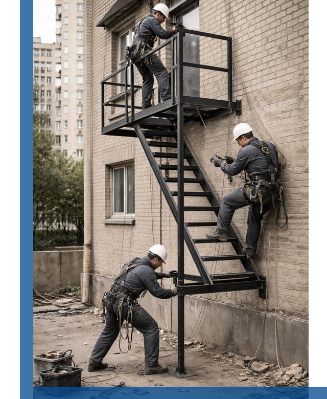 Монтаж пожарной лестницы в Мариинске, установка и крепление