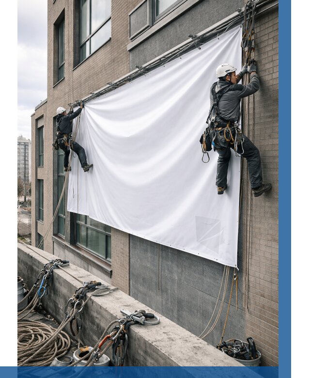 Монтаж баннеров на фасаде в Мариинске от 663 р. заказать ВЫСОТНИК-Мрн