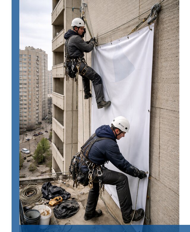Профессиональный монтаж баннеров на фасаде в Мариинске