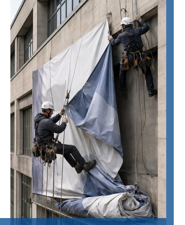 Демонтаж баннеров с фасада в Мариинске от 4589 р. | ВЫСОТНИК-Мрн