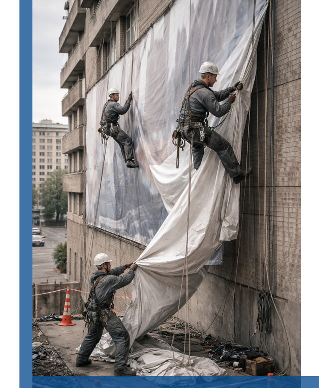 Демонтаж баннеров с фасада в Мариинске оперативно и безопасно