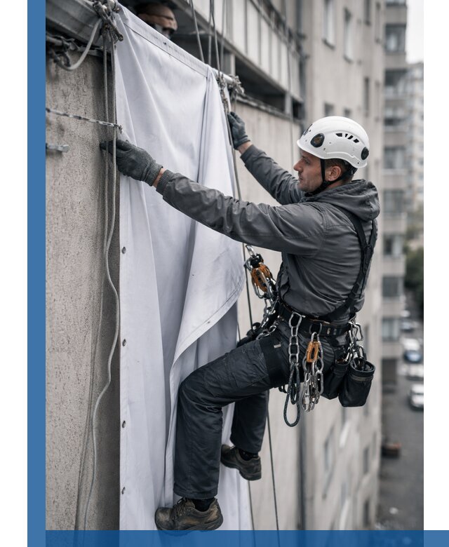 Замена баннерного полотна промышленными альпинистами в Мариинске