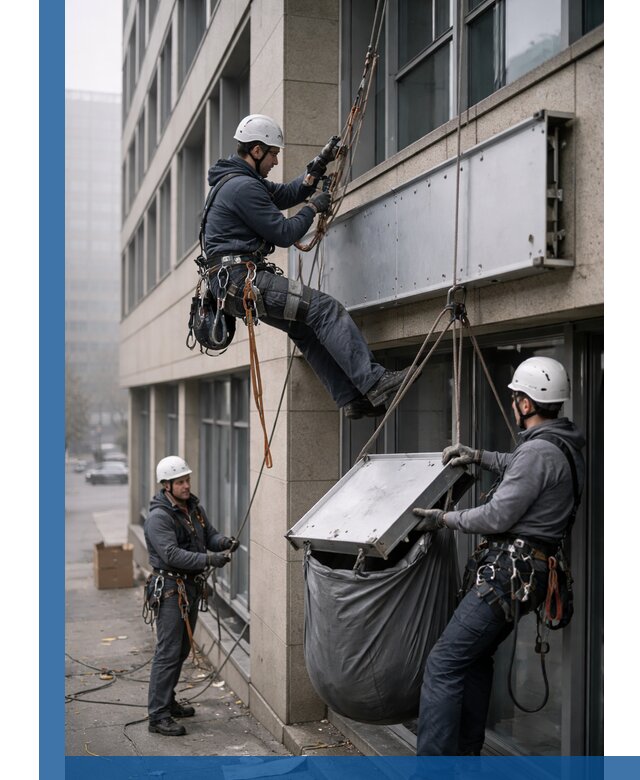 Демонтаж рекламной вывески с высотными работами в Мариинске