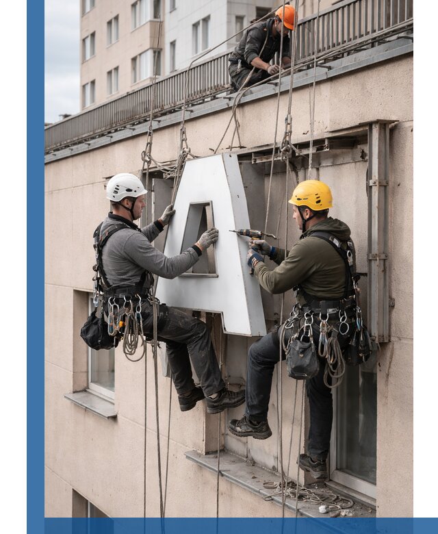 Ремонт и восстановление наружных вывесок на высоте в Мариинске