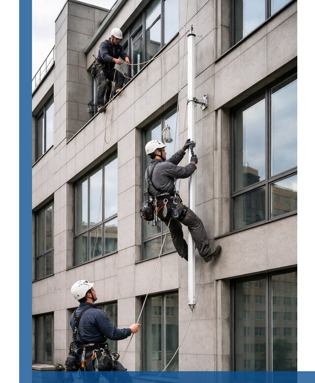 Монтаж флагштока на фасаде здания с креплением и герметикой в Мариинске