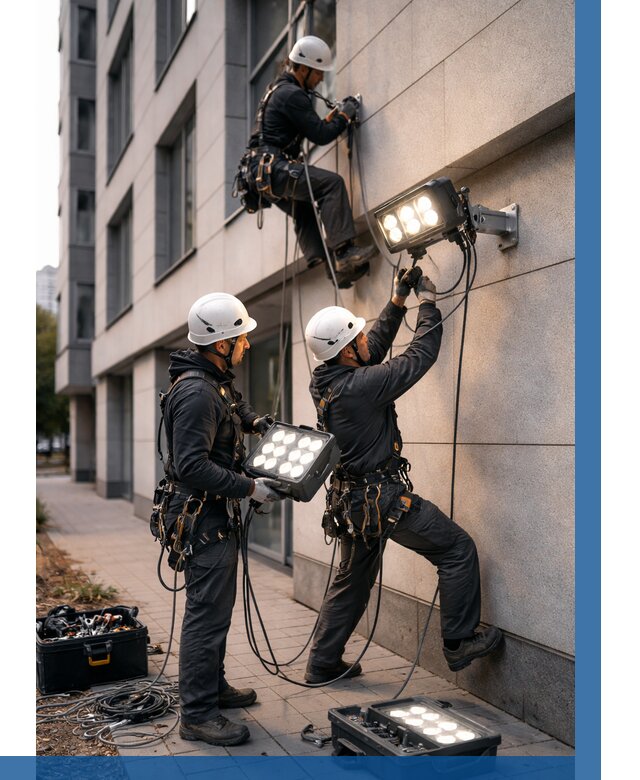 Монтаж прожекторов на фасаде в Мариинске от 7649 р. | ВЫСОТНИК-Мрн