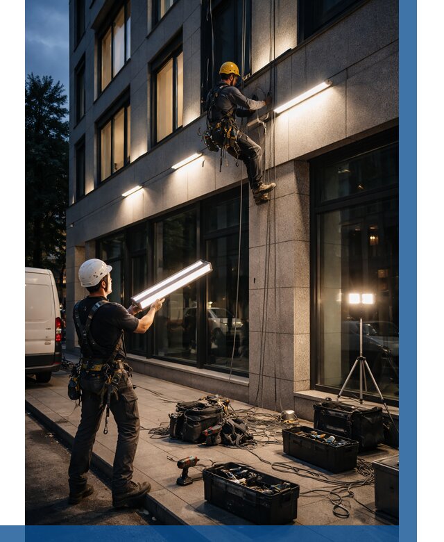 Монтаж архитектурной подсветки здания в Мариинске от 2550 р.|ВЫСОТНИК-Мрн