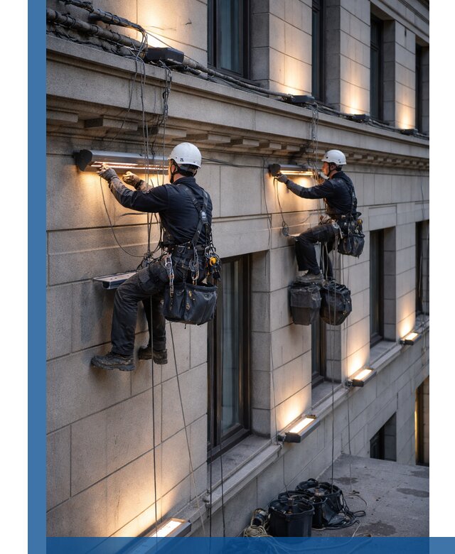 Монтаж архитектурной подсветки фасадов зданий в Мариинске