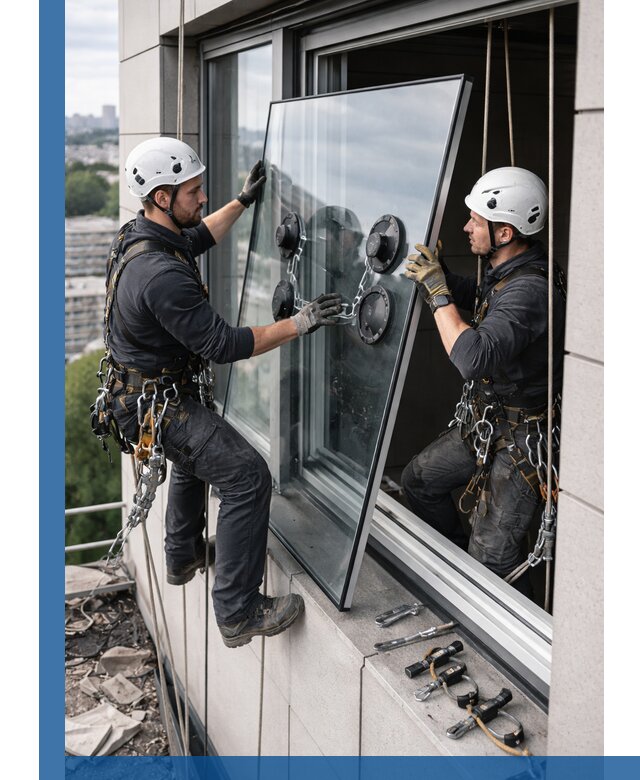 Замена стеклопакетов на высоте с промышленными альпинистами в Мариинске