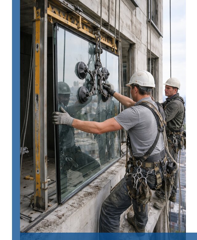 Монтаж стеклопакетов на высоте в Мариинске с промышленным альпинизмом