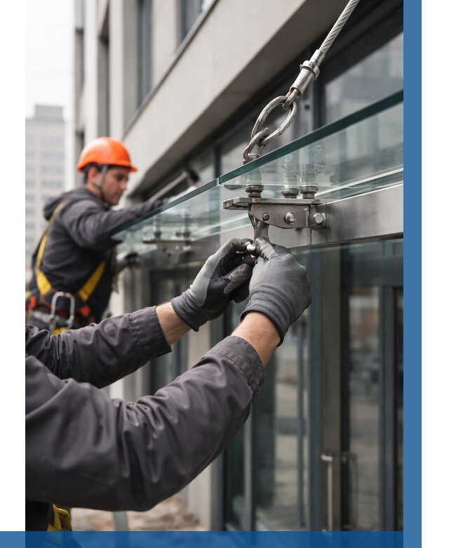 Монтаж стеклянных козырьков в Мариинске от 8668 р. | ВЫСОТНИК-Мрн