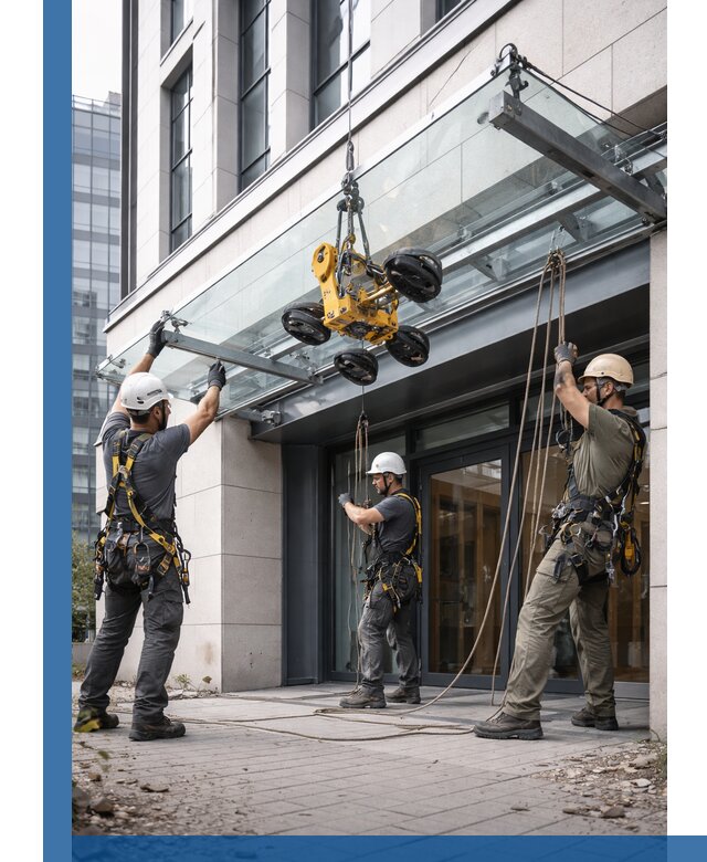 Монтаж стеклянных козырьков под ключ в Мариинске для зданий