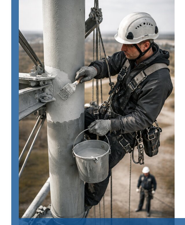 Покраска мачт связи в Мариинске промышленными альпинистами