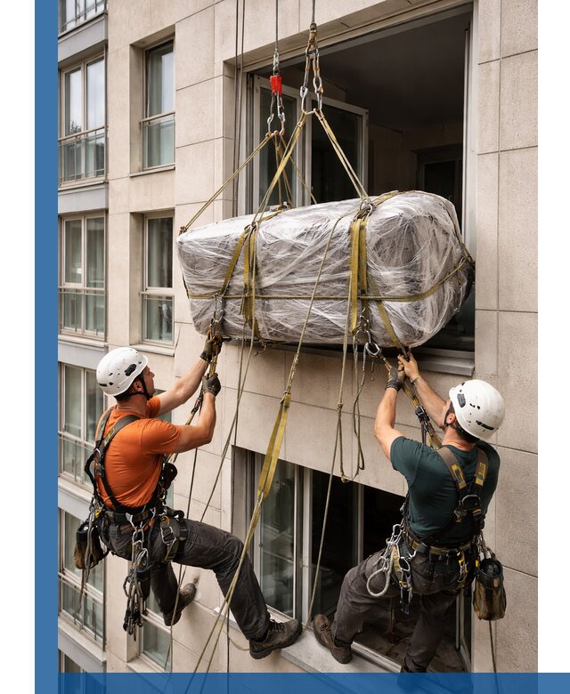 Подъем грузов через окно в Мариинске промышленными альпинистами