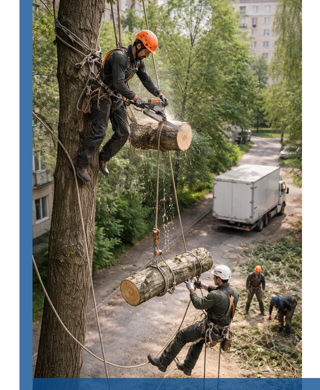 Спил деревьев альпинистами в Мариинске, безопасно и без повреждений