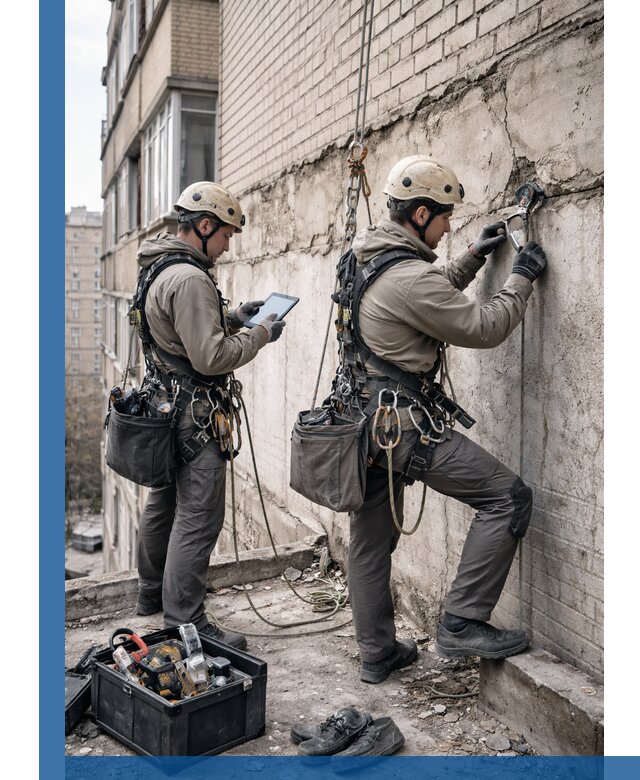 Обследование фасада промышленными альпинистами в Мариинске