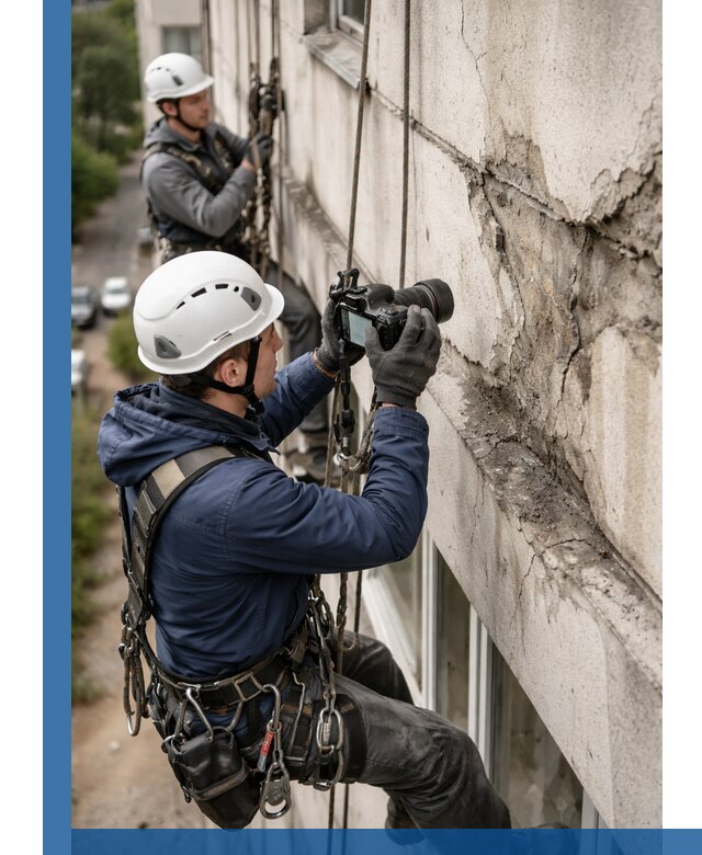 Фотофиксация дефектов фасада с высотной съемкой в Мариинске